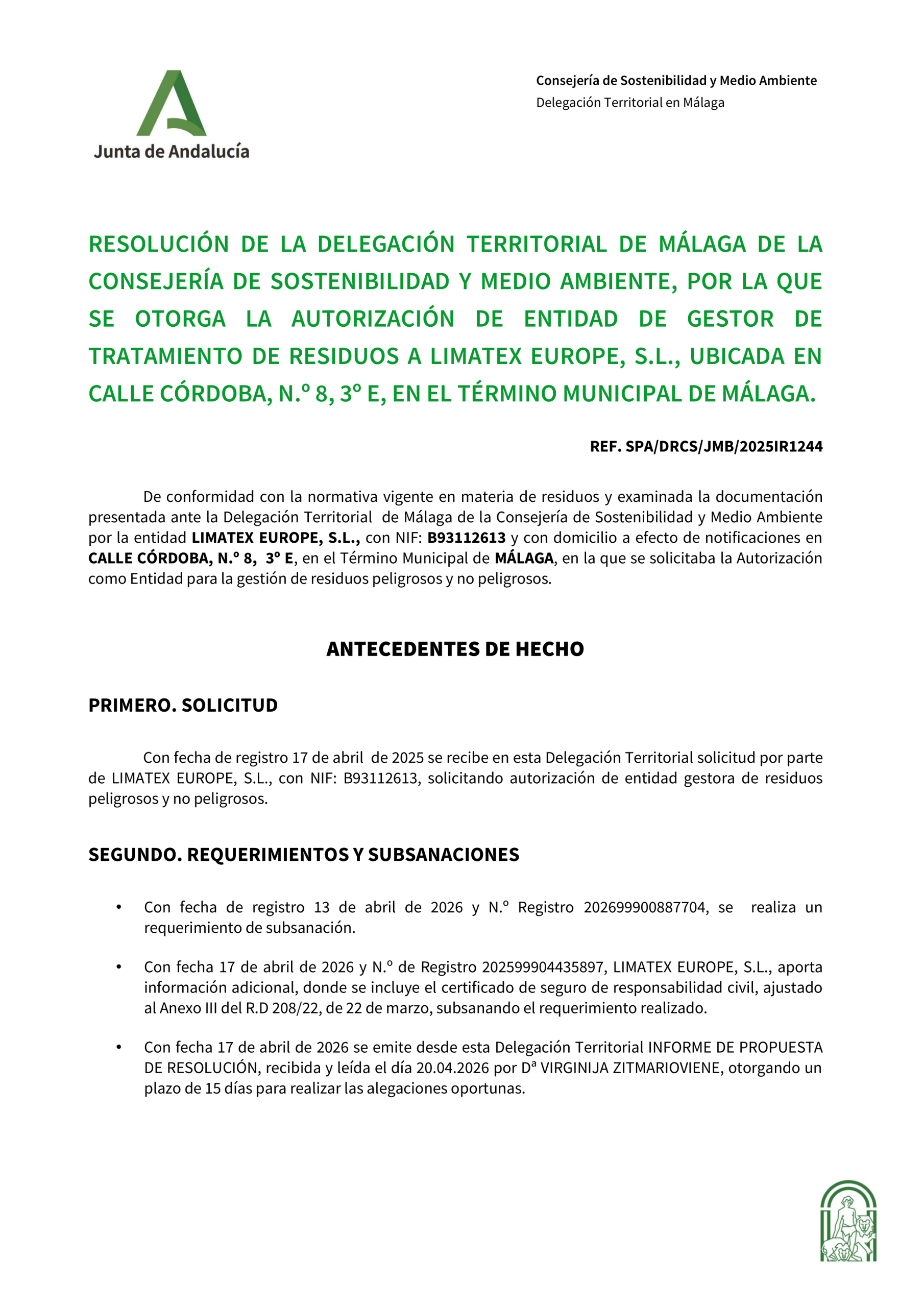 Autorización Administrativa como Entidad Gestora de Residuos Peligrosos y No Peligrosos